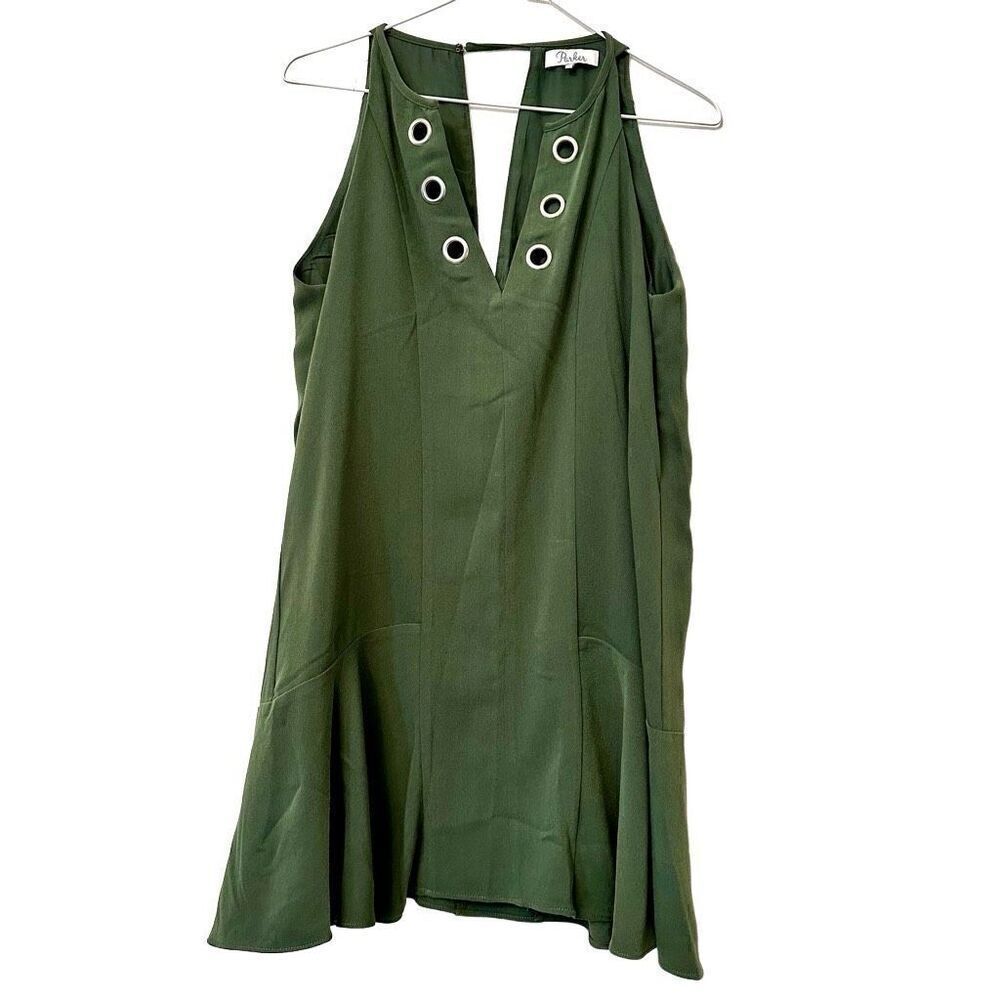 Parker Sleeveless Cutout Back Grommet Flared Hem Shift Mini Dress Green Medium